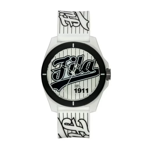 Fila Reinterpret 70's Watch Black Dial Black PC Case 42.5mm with Black Silicone Strap and Japanese Miyota Quartz Movement for Men REF 38-330-005 5 ATM Water Resistance