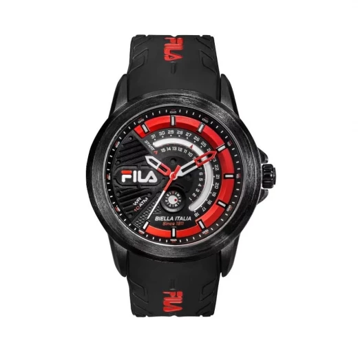 Fila Racer 38-347-001 Men's Watch 42mm Black Dial and IP Black Alloy Case with Black Silicone Strap 10 ATM Water Resistance and Special Calendar Function—1 Year Warranty