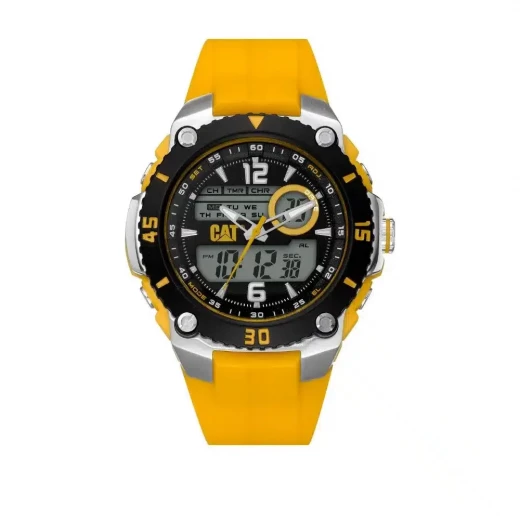 ساعة كاتربيلر سبورتيكا صفراء رقمية تناظرية 47 ملم مقاومة للماء 100 متر