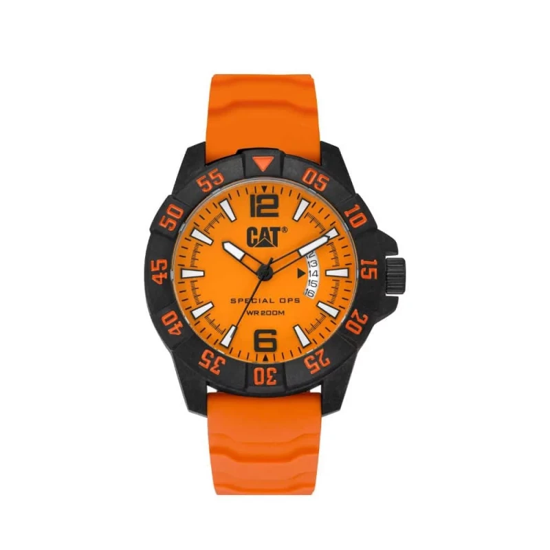 Cat Special Ops 4 Watch Orange Carbon Fiber Case 45.5mm Mineral Crystal 200M Water Resistance Silicone Strap Citizen 2115 Movement - CAT