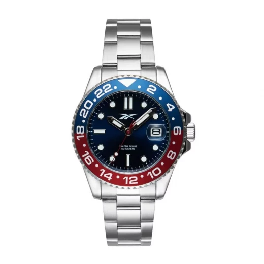 Reebok Hommage Men's Watch Navy Blue and Red Dial Stainless Steel Strap 42mm Case 5 ATM Water Resistance Date Display VX42E Movement Stylish Timepiece Reebok Hommage Men's Watch Navy Blue and Red Dial Stainless Steel Strap 42mm Case 5 ATM Water Resistance Date Display VX42E Movement Stylish Timepiece