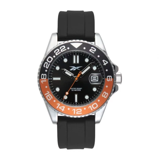 Reebok Hommage Black Orange Dial Watch 42mm Case Black Silicone Strap 5 ATM Water Resistant VX42E Movement Date Display Men's Sport Wristwatch RV HOM G3 AOIB BW Reebok Hommage Black Orange Dial Watch 42mm Case Black Silicone Strap 5 ATM Water Resistant VX42E Movement Date Display Men's Sport Wristwatch RV HOM G3 AOIB BW