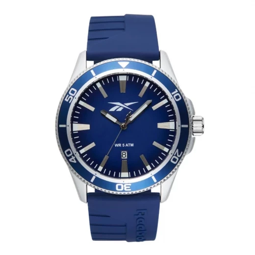 Reebok Courtside Blue Watch: 44mm Alloy Case, Silicone Strap, Date Display, 5 ATM Water Resistance, Epson AX32 Movement, 3-Hand Functionality, Sporty Design for Everyday Wear