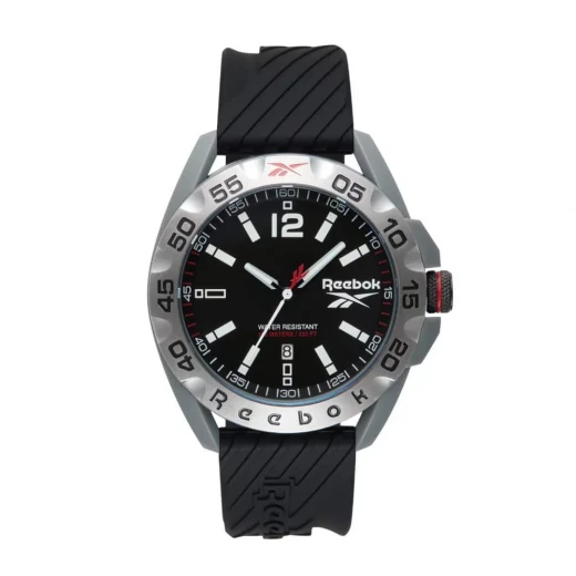 Reebok Embolder Watch Black and Silver 44mm Case with Stainless Steel, Silicone Strap, 10 ATM Water Resistance, Epson AX32 Movement Reebok Embolder Watch Black and Silver 44mm Case with Stainless Steel, Silicone Strap, 10 ATM Water Resistance, Epson AX32 Movement