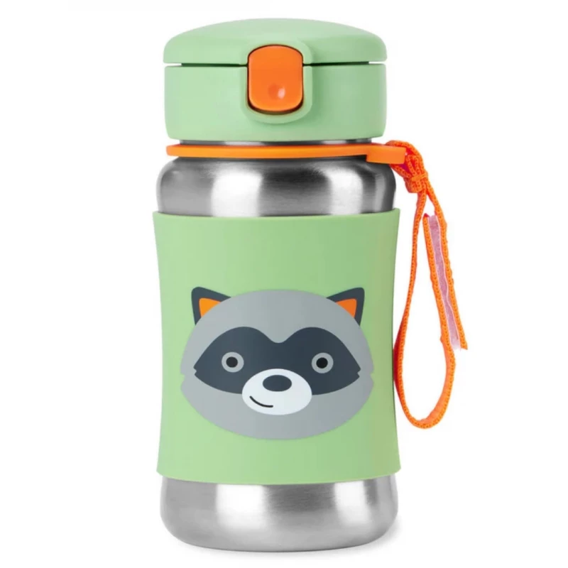 Skip Hop Zoo Racoon Stainless Steel Water Bottle 350ml for Toddlers with Insulated Design, Leak Proof Lid and Easy Grip Handles, BPA Free, Perfect for Daycare or School 350ml
