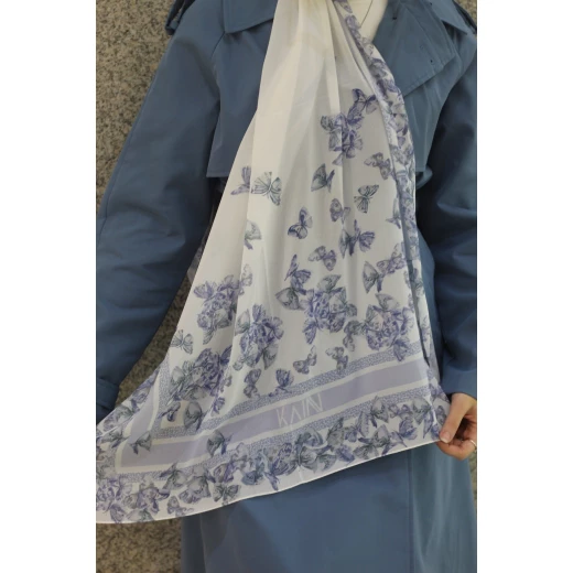 Kain Elegant Georgette Chiffon Hijab in Blue Butterflies Design, Soft & Lightweight, Extra Long Size 300x70cm, Perfect for Everyday Wear - Kain - Image 2