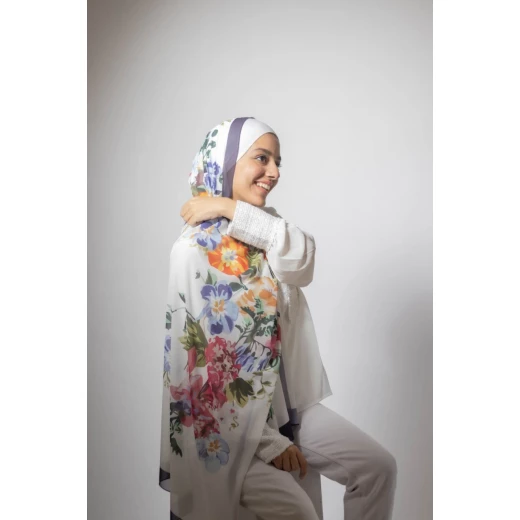 Love Garden Georgette Chiffon Hijab Soft, Airy Blue Scarf for Gentle Elegance. Features Exclusive Designs, Made in Egypt, & Extra Long 300x70cm Size. Perfect for Daily Wear - Love garden - Image 2