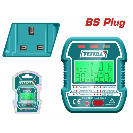 TOTAL LCD Socket Tester with RCD function BS plug 90-250V reliable electrical tester for safety checks TOTAL LCD Socket Tester with RCD function BS plug 90-250V reliable electrical tester for safety checks