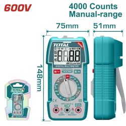 TOTAL Digital Multimeter 600V TRMS 4000 Counts, DC/AC Voltage & Current, NCV & Flashlight (TMT536002)