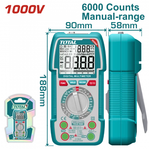 TOTAL Digital Multimeter 1000V – TRMS 6000 Counts, DC/AC Voltage & Current, NCV, Backlight & Flashlight (TMT5310002) TOTAL Digital Multimeter 1000V – TRMS 6000 Counts, DC/AC Voltage & Current, NCV, Backlight & Flashlight (TMT5310002)