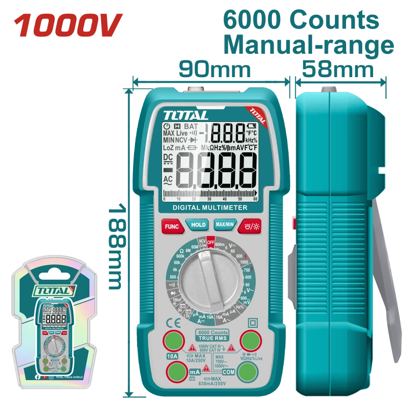 TOTAL Digital Multimeter 1000V – TRMS 6000 Counts, DC/AC Voltage & Current, NCV, Backlight & Flashlight (TMT5310002) - Total