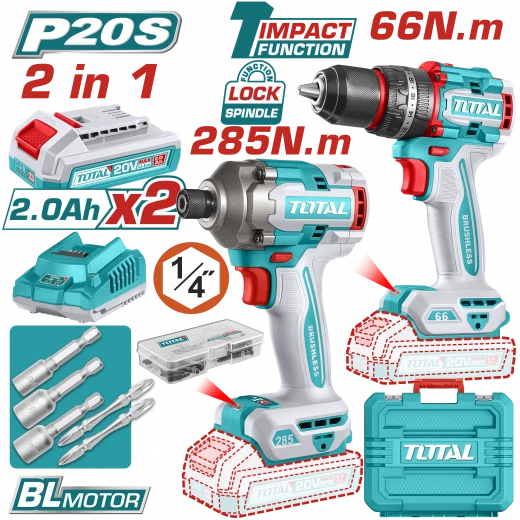 TOTAL 20V Cordless Impact Drill & Driver Drill Kit | Brushless Motor (TCKLI20277) TOTAL 20V Cordless Impact Drill & Driver Drill Kit | Brushless Motor (TCKLI20277)
