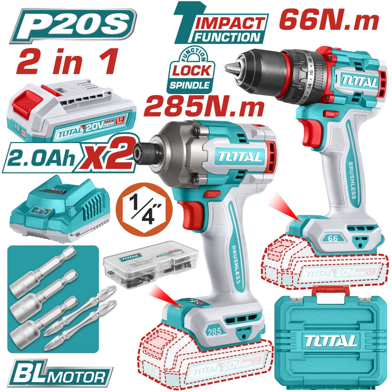 TOTAL 20V Cordless Impact Drill & Driver Drill Kit | Brushless Motor (TCKLI20277) - Total
