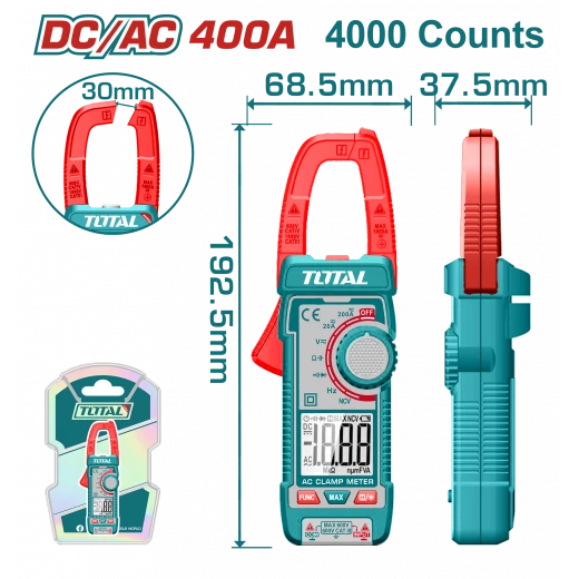جهاز كلامب ميتر DC/AC حتى 400A – TRMS بعداد 4000، مع NCV وضوء من توتال (TMT762002) جهاز كلامب ميتر DC/AC حتى 400A – TRMS بعداد 4000، مع NCV وضوء من توتال (TMT762002)