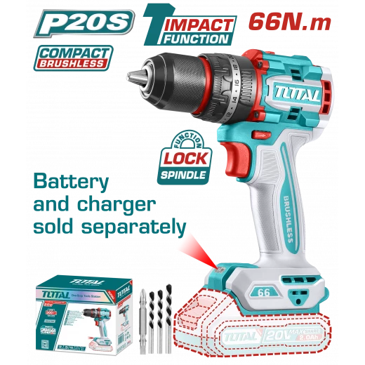 TOTAL 20V Compact Brushless Cordless Impact Drill, 66Nm Torque, 2-Speed Gearbox, 22+1+1 Settings, 30000BPM, LED Light, Powerful Hammer Drill for Wood, Metal, Masonry TOTAL 20V Compact Brushless Cordless Impact Drill, 66Nm Torque, 2-Speed Gearbox, 22+1+1 Settings, 30000BPM, LED Light, Powerful Hammer Drill for Wood, Metal, Masonry