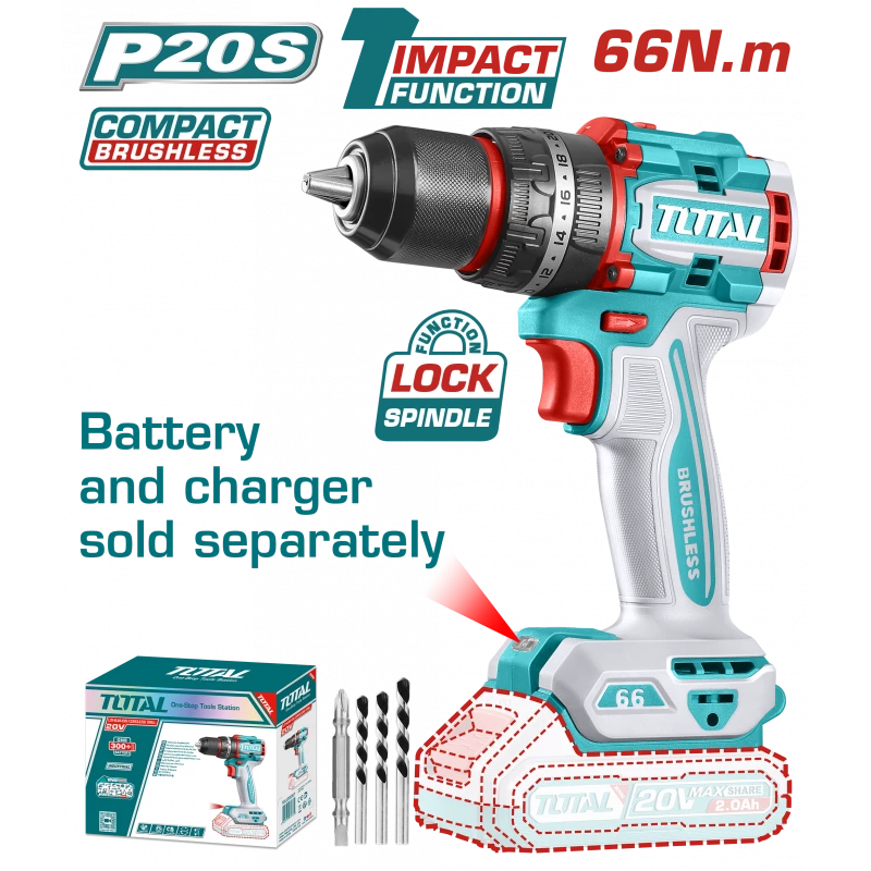 TOTAL 20V Compact Brushless Cordless Impact Drill, 66Nm Torque, 2-Speed Gearbox, 22+1+1 Settings, 30000BPM, LED Light, Powerful Hammer Drill for Wood, Metal, Masonry - Total