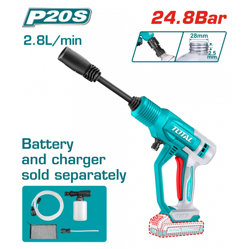 TOTAL Cordless Pressure Washer 24.8Bar 20V Battery & Charger Sold Separately (TPWLI2036) - Total