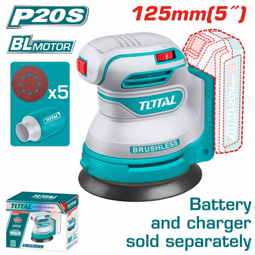 TOTAL Cordless Random Orbit Sander 20V - 125mm 5" Battery & charger sold separately (TROSLI2002) TOTAL Cordless Random Orbit Sander 20V - 125mm 5" Battery & charger sold separately (TROSLI2002)