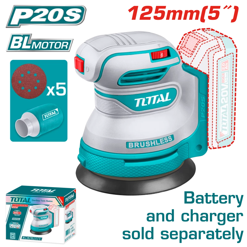 TOTAL Cordless Random Orbit Sander 20V - 125mm 5" Battery & charger sold separately (TROSLI2002) - Total