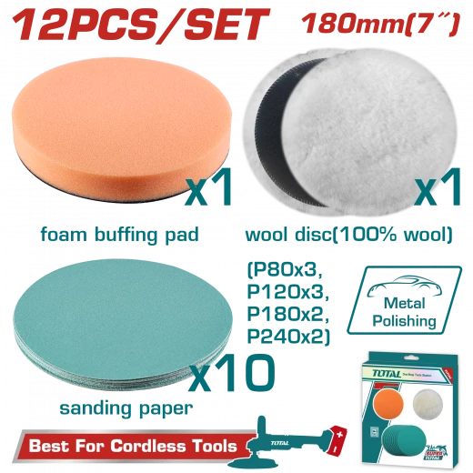 TOTAL 12 Pcs Polishing and Grinding Set 180mm 7 Inch Wool Disc Foam Pad Sanding Papers TOTAL 12 Pcs Polishing and Grinding Set 180mm 7 Inch Wool Disc Foam Pad Sanding Papers