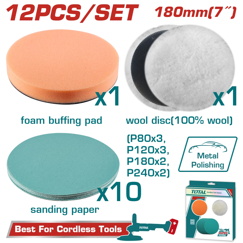 TOTAL 12 Pcs Polishing and Grinding Set 180mm 7 Inch Wool Disc Foam Pad Sanding Papers - Total