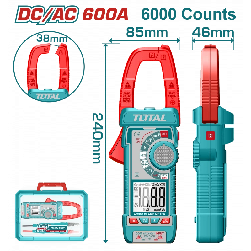 كلامب ميتر 600 أمبير DC/AC - بعداد 6000 TRMS مع قياس الحرارة والتردد والتيار اللحظي من توتال (TMT766002) - توتال