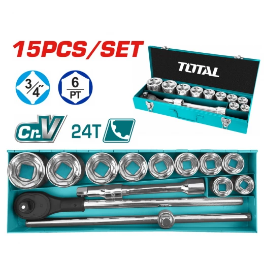 طقم مأزس درايفر 15 قطعة مقاس 3/4 بوصة موديل THT341151 من فولاذ كروم فاناديوم 50BV30 مع حافظة بلاستيكية محكمة الإغلاق من توتال طقم مأزس درايفر 15 قطعة مقاس 3/4 بوصة موديل THT341151 من فولاذ كروم فاناديوم 50BV30 مع حافظة بلاستيكية محكمة الإغلاق من توتال