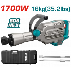 Total Demolition Breaker 1700W, 45J Impact, 1400 BPM, 16kg Heavy-Duty Concrete Jackhammer with HEX Chuck & Accessories