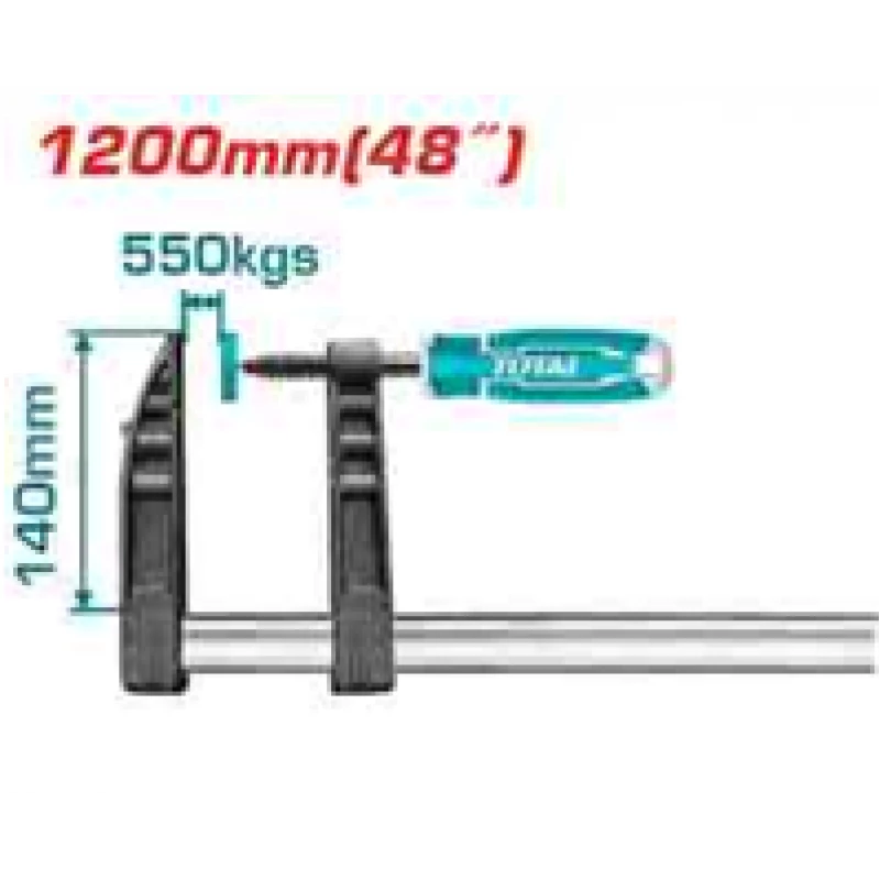TOTAL F Clamp 140mm Jaw Depth x 1200mm Bar, Heavy Duty Steel Bar Clamp with Ergonomic Plastic Handle for Gluing, Drilling & Assembly - Total