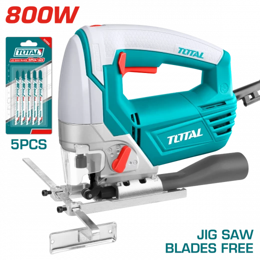 Total 800W Jig Saw (TS2081006), Variable Speed 800-3000 RPM, 4-Step Pendulum Action, Cuts Wood up to 100mm & Steel up to 10mm, Aluminum Base + 5 Blades Included Total 800W Jig Saw (TS2081006), Variable Speed 800-3000 RPM, 4-Step Pendulum Action, Cuts Wood up to 100mm & Steel up to 10mm, Aluminum Base + 5 Blades Included