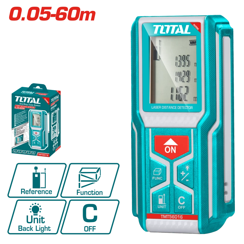 متر ليزر من توتال – مدى 0.05 إلى 60 متر، موديل TMT56016، دقيق وسهل الاستخدام لقياسات المسافات والمساحات بدقة عالية - توتال