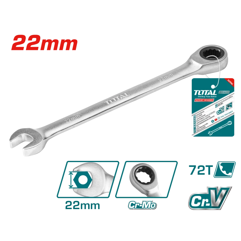 Total 22mm Ratchet Spanner, 290mm Chrome Vanadium Wrench with Non-Slip Finish and High-Torque Performance - Total