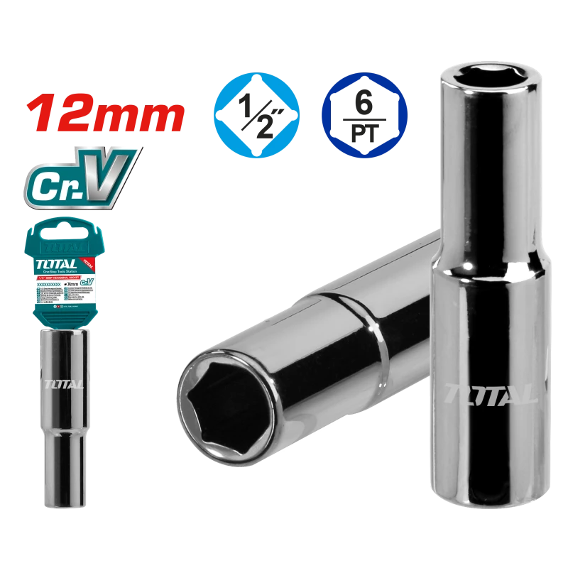 بكس طويل سداسي 12مم – 1/2 إنش، فولاذ 50BV30، مطلي نيكل أسود من توتال (THTST12123L) - توتال