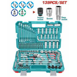 TOTAL 139 Pcs Combination Tools Set Complete Socket & Wrench Kit (THKTHP21396)