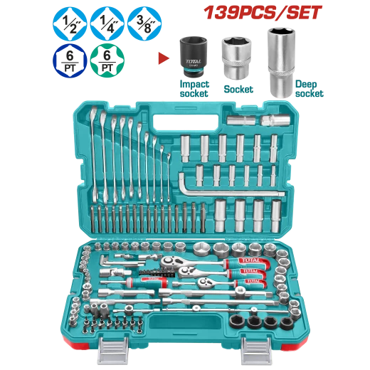 TOTAL 139 Pcs Combination Tools Set Complete Socket & Wrench Kit (THKTHP21396) TOTAL 139 Pcs Combination Tools Set Complete Socket & Wrench Kit (THKTHP21396)