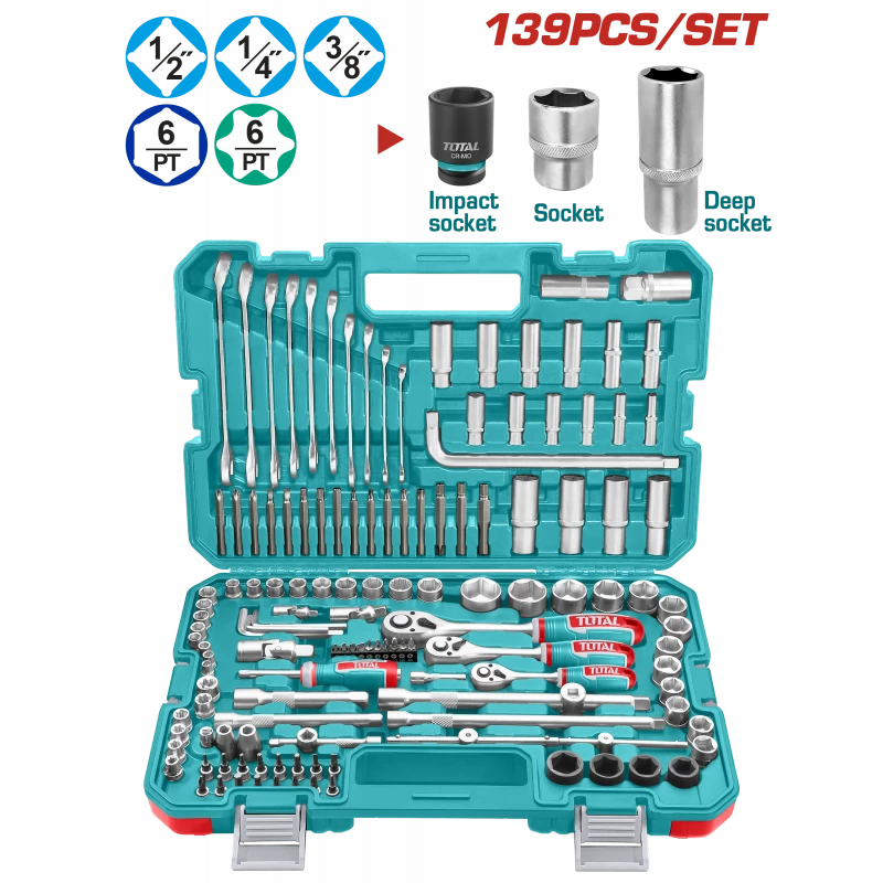 TOTAL 139 Pcs Combination Tools Set Complete Socket & Wrench Kit (THKTHP21396) - Total