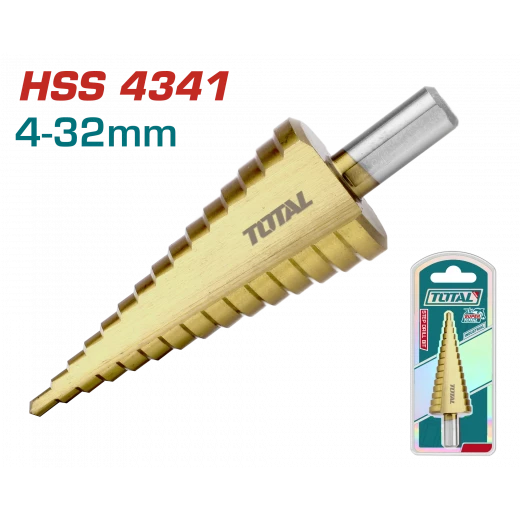 مجموعة مثقاب متدرج TOTAL 4-32 مم مطلية بالتيتانيوم HSS4341 للمعادن والخشب والبلاستيك مجموعة مثقاب متدرج TOTAL 4-32 مم مطلية بالتيتانيوم HSS4341 للمعادن والخشب والبلاستيك