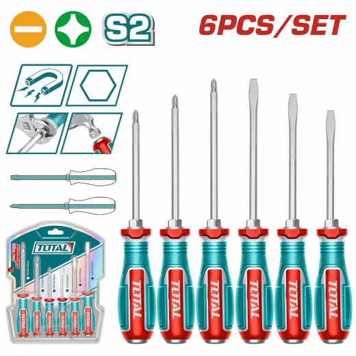 TOTAL 6-Piece Go-Through Screwdriver Set - S2 Steel, Hex Shank TOTAL 6-Piece Go-Through Screwdriver Set - S2 Steel, Hex Shank