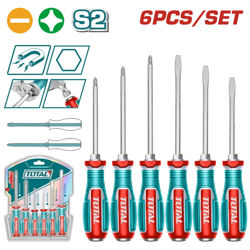 TOTAL 6-Piece Go-Through Screwdriver Set - S2 Steel, Hex Shank - Total