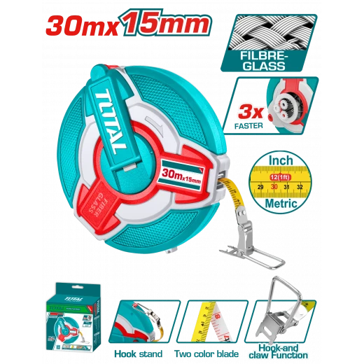 TOTAL 30m Fiberglass Measuring Tape - Dual Scale, Fast Rewind, Rubber Grip TOTAL 30m Fiberglass Measuring Tape - Dual Scale, Fast Rewind, Rubber Grip
