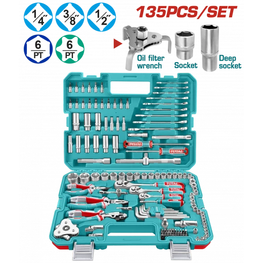 TOTAL 135 Pcs Combination Tool Set With Sockets, Wrenches, Pliers & Carry Case (THKTHP21356) TOTAL 135 Pcs Combination Tool Set With Sockets, Wrenches, Pliers & Carry Case (THKTHP21356)