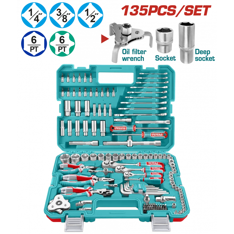 TOTAL 135 Pcs Combination Tool Set With Sockets, Wrenches, Pliers & Carry Case (THKTHP21356) - Total