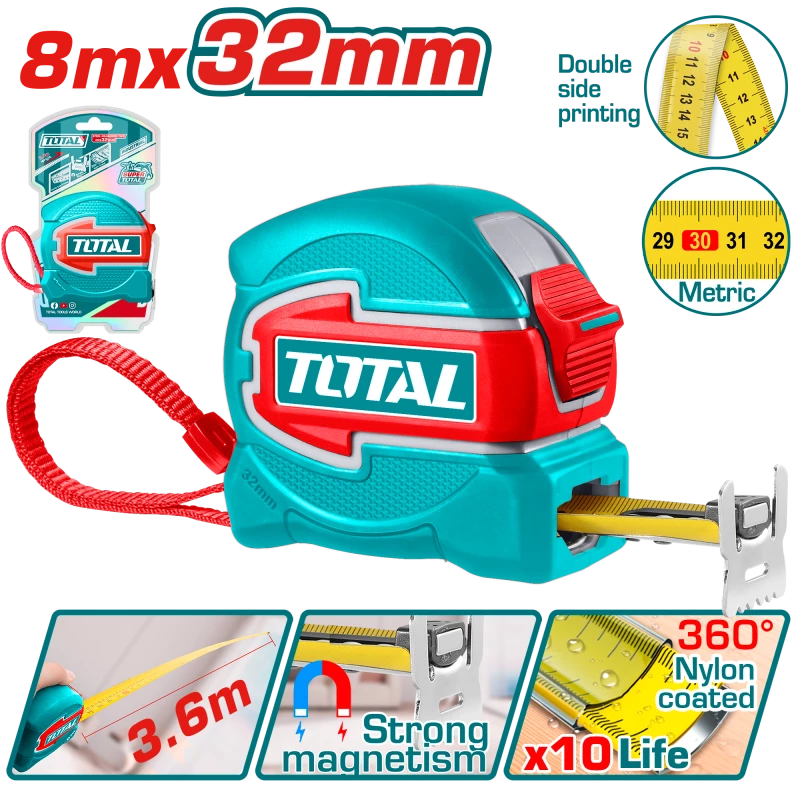 TOTAL Steel Measuring Tape 8m x 32mm Magnetic Hook (TMT80832M) - Total