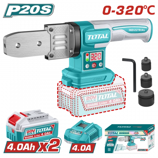 TOTAL 20V Cordless Plastic Pipe Welding Tool Kit - 320°C with 2 Batteries & 3 Heads TOTAL 20V Cordless Plastic Pipe Welding Tool Kit - 320°C with 2 Batteries & 3 Heads