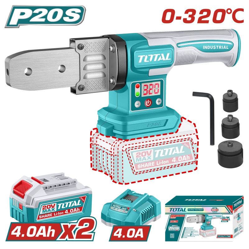 TOTAL 20V Cordless Plastic Pipe Welding Tool Kit - 320°C with 2 Batteries & 3 Heads - Total