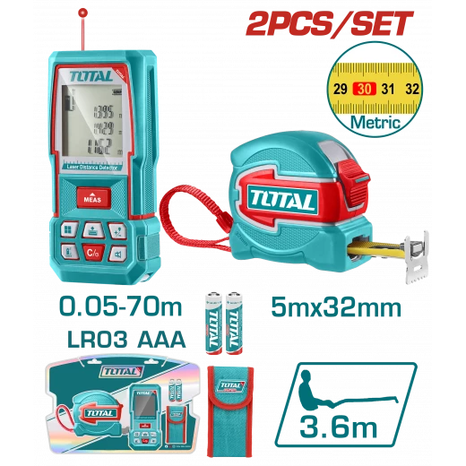 TOTAL Laser Distance Detector Combo Kit 70m Range + 5m Steel Measuring Tape (TLDD241201M) TOTAL Laser Distance Detector Combo Kit 70m Range + 5m Steel Measuring Tape (TLDD241201M)