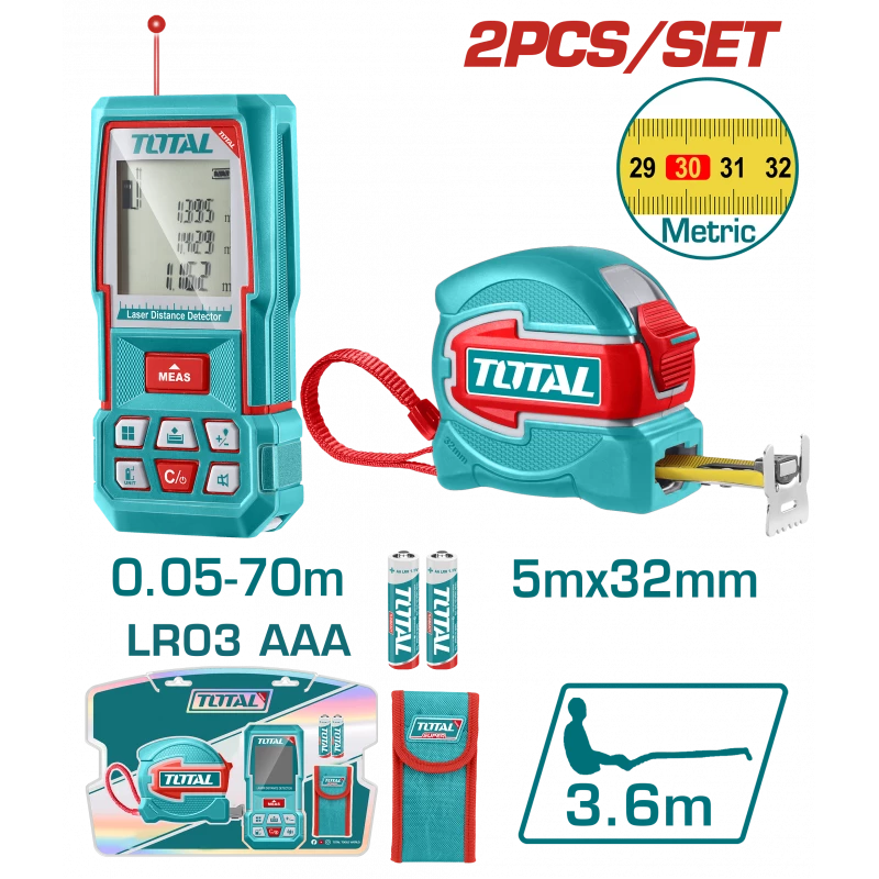 TOTAL Laser Distance Detector Combo Kit 70m Range + 5m Steel Measuring Tape (TLDD241201M) - Total