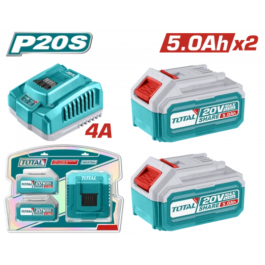 طقم بطارية ليثيوم أيون TOTAL P20S 20 فولت وشاحن سريع 2 × بطاريات 5.0 أمبير في الساعة طقم بطارية ليثيوم أيون TOTAL P20S 20 فولت وشاحن سريع 2 × بطاريات 5.0 أمبير في الساعة