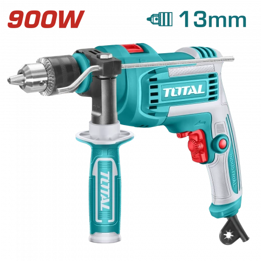TOTAL 900W Impact Drill with 13mm Chuck Capacity, Variable Speed Control, Forward/Reverse Switch, and Hammer Function, Includes Extra Carbon Brushes for DIY and Professional Use TOTAL 900W Impact Drill with 13mm Chuck Capacity, Variable Speed Control, Forward/Reverse Switch, and Hammer Function, Includes Extra Carbon Brushes for DIY and Professional Use