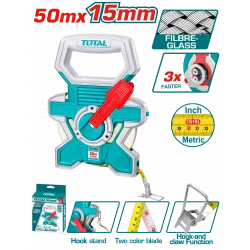 TOTAL Fiberglass Measuring Tape 50m x 15mm – Double-Sided, Fast Rewind, Rubber-Covered (TMTF18506)